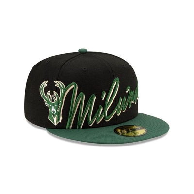 Milwaukee Bucks Gorra | New Era NBA Cursive 59fifty Fitted Cap Mexico - Negros